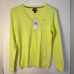 Tommy Hilfiger V-Neck Sweater in Pima Cotton in Neon Yellow. NEW With Tags!